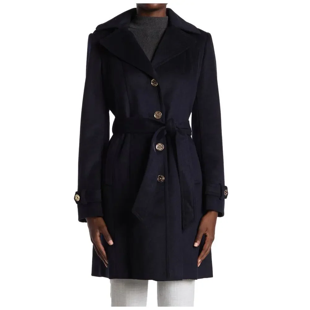 Michael Kors Wool Blend Button Front Hooded Trench Coat Long Sleeve Size Medium